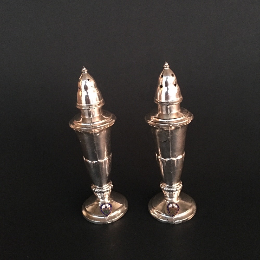 Vintage Salt & Pepper Shakers The Locks Soo Michigan Nickel 5.5" Tall Souvenir